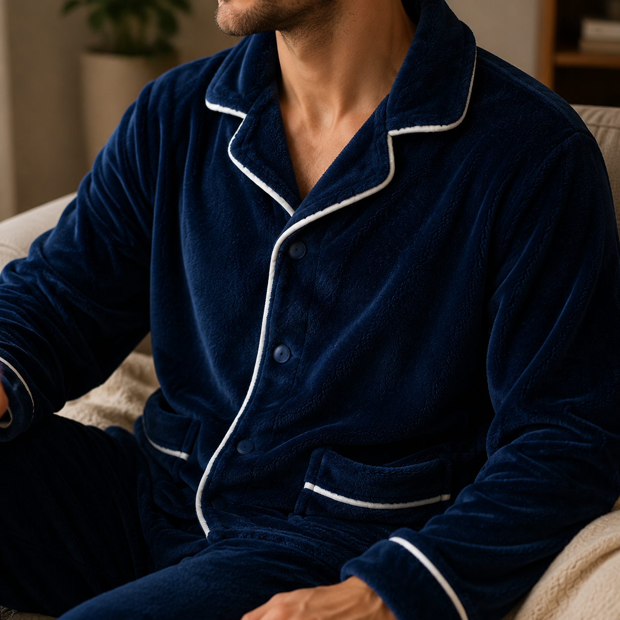 Pyjama bleu marine homme chaud flanelle ultra doux