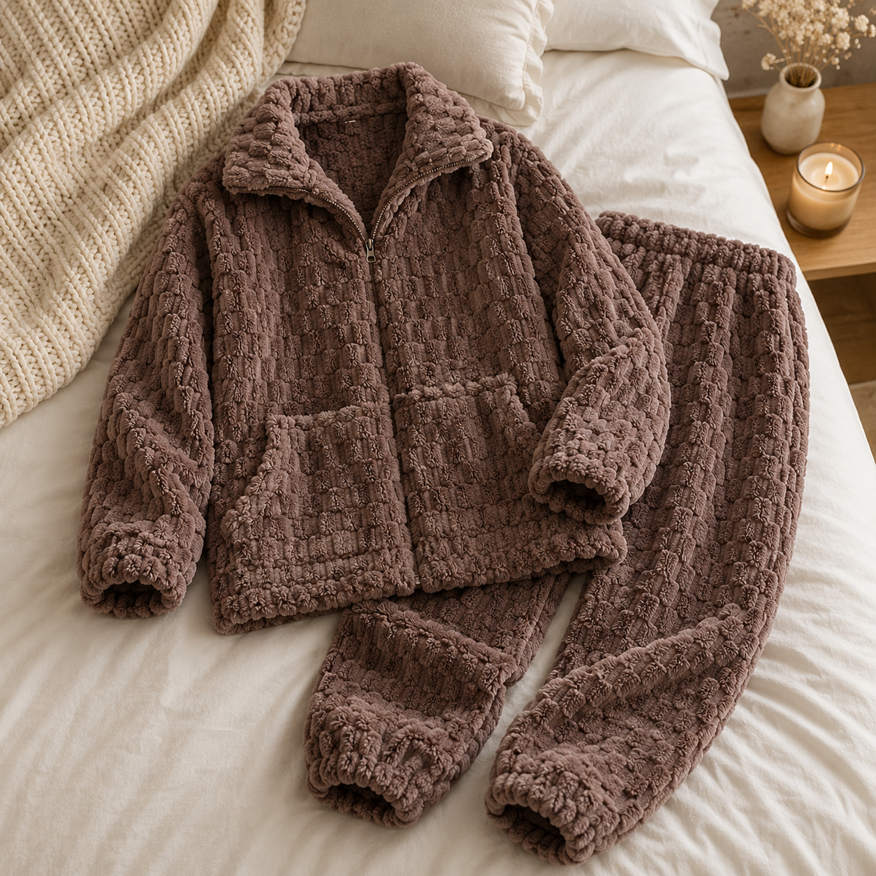 Pyjama chaud femme grande taille marron en pilou pilou