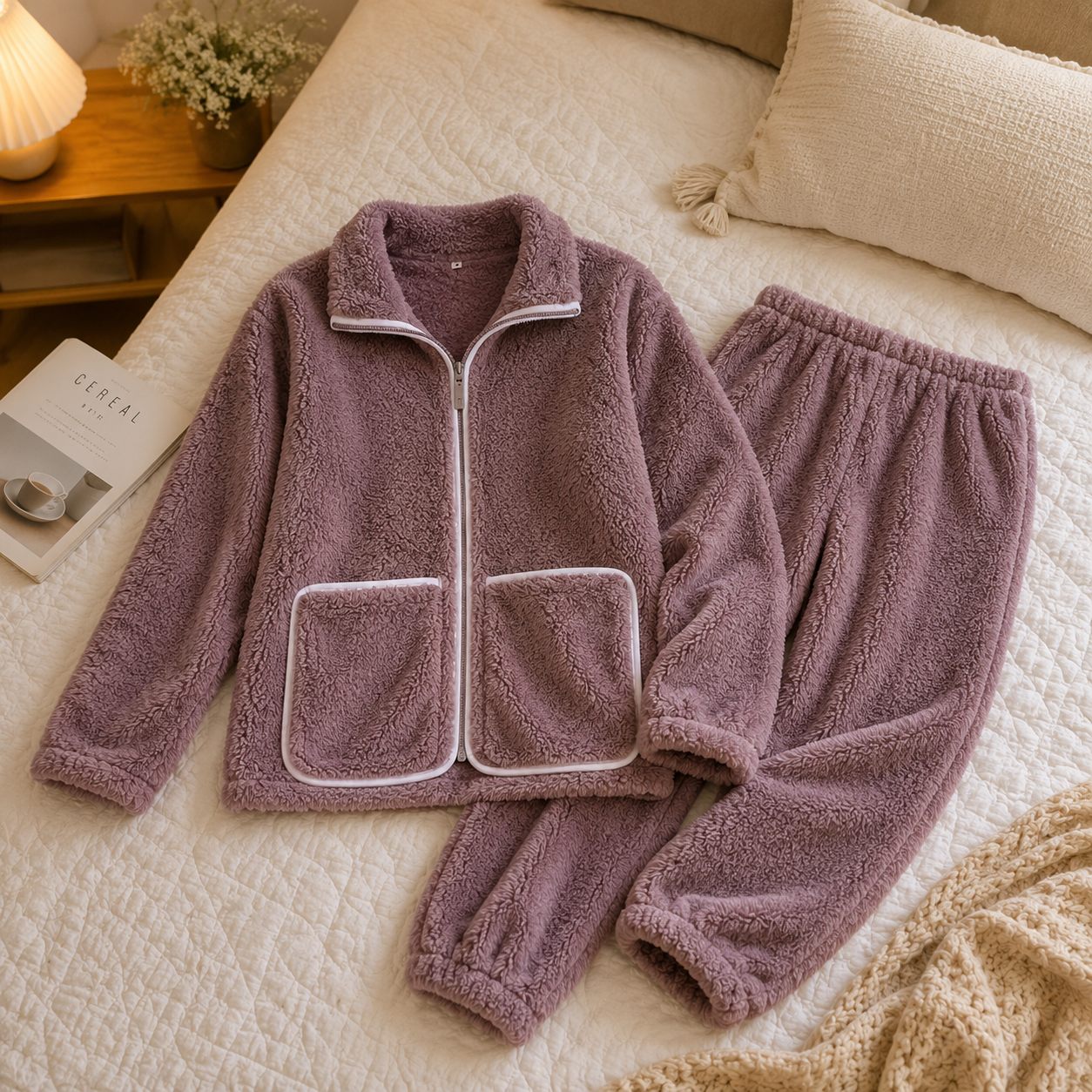 Pyjama cocooning femme avec haut boutonné et pantalon assorti