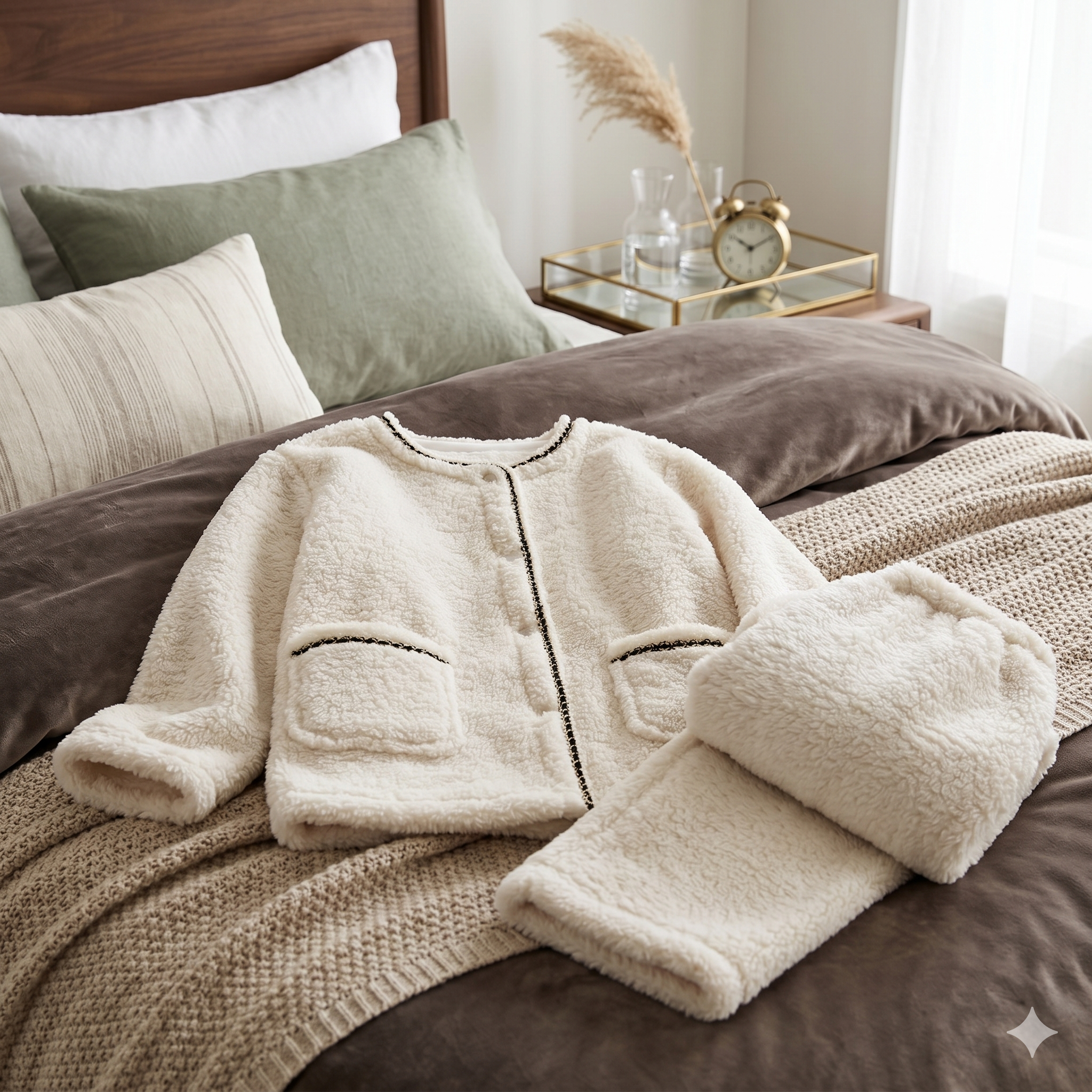 Pyjama crème matière plaid doux et chaud femme