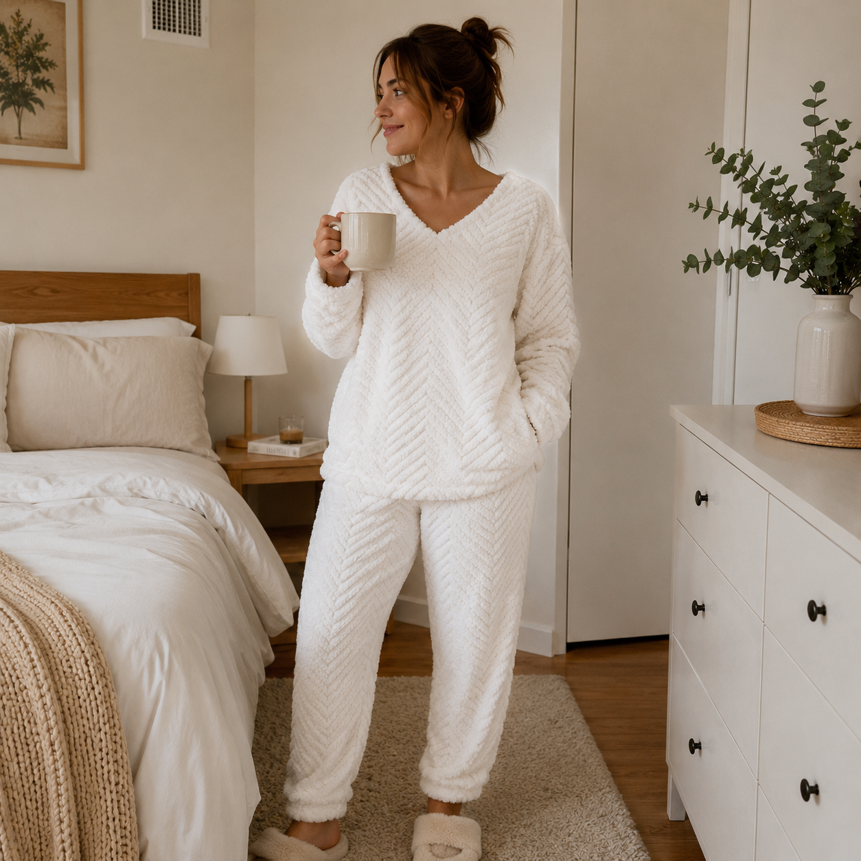 Pyjama femme pilou chaud blanc ultra doux