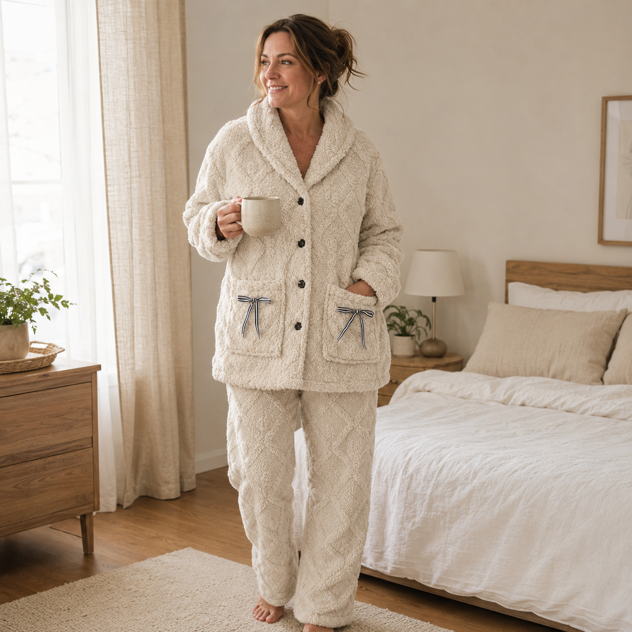 Pyjama flanelle carreaux femme crème et beige