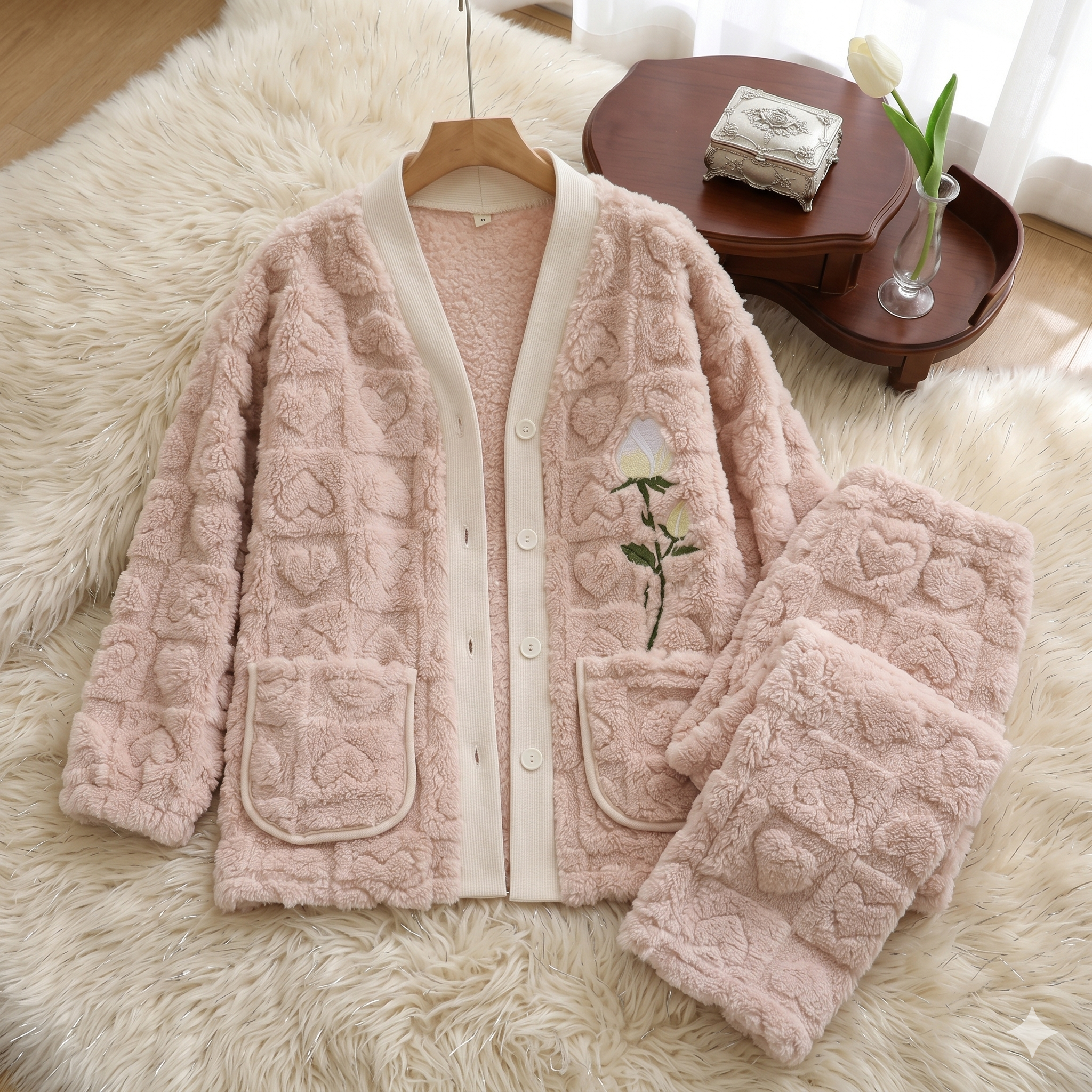 Pyjama pilou pilou femme motif cœur doux et confortable