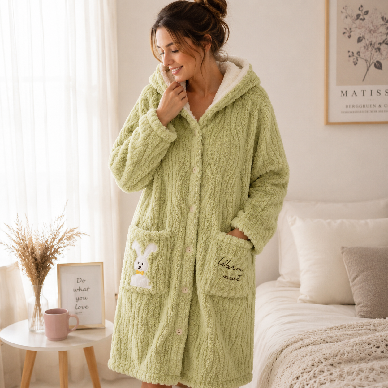 Robe de chambre à capuche femme vert pastel en pilou pilou