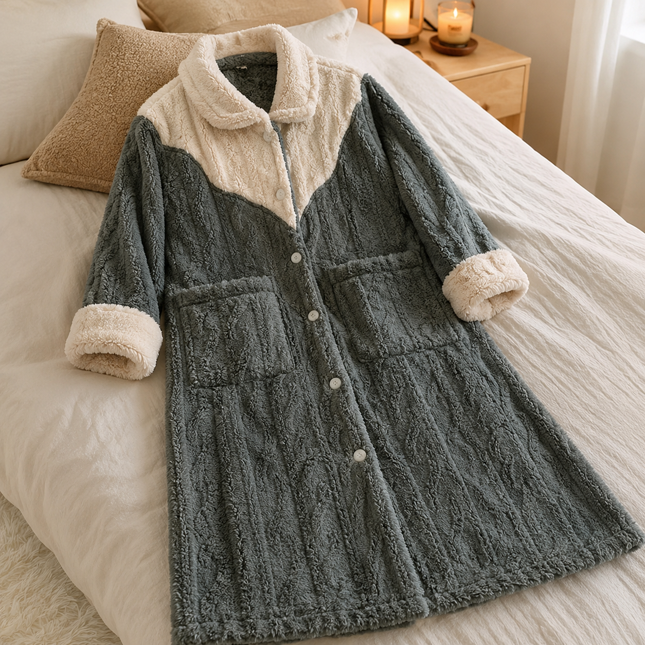 Robe de chambre beige femme en matière pilou pilou douce