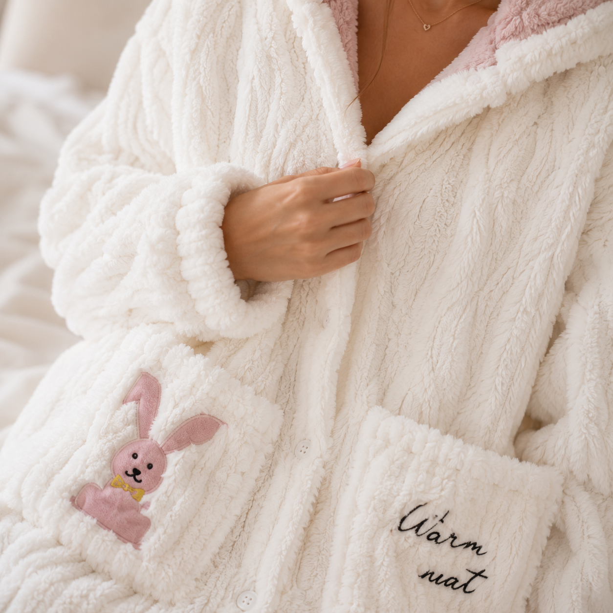 Robe de chambre blanche femme en matière pilou pilou