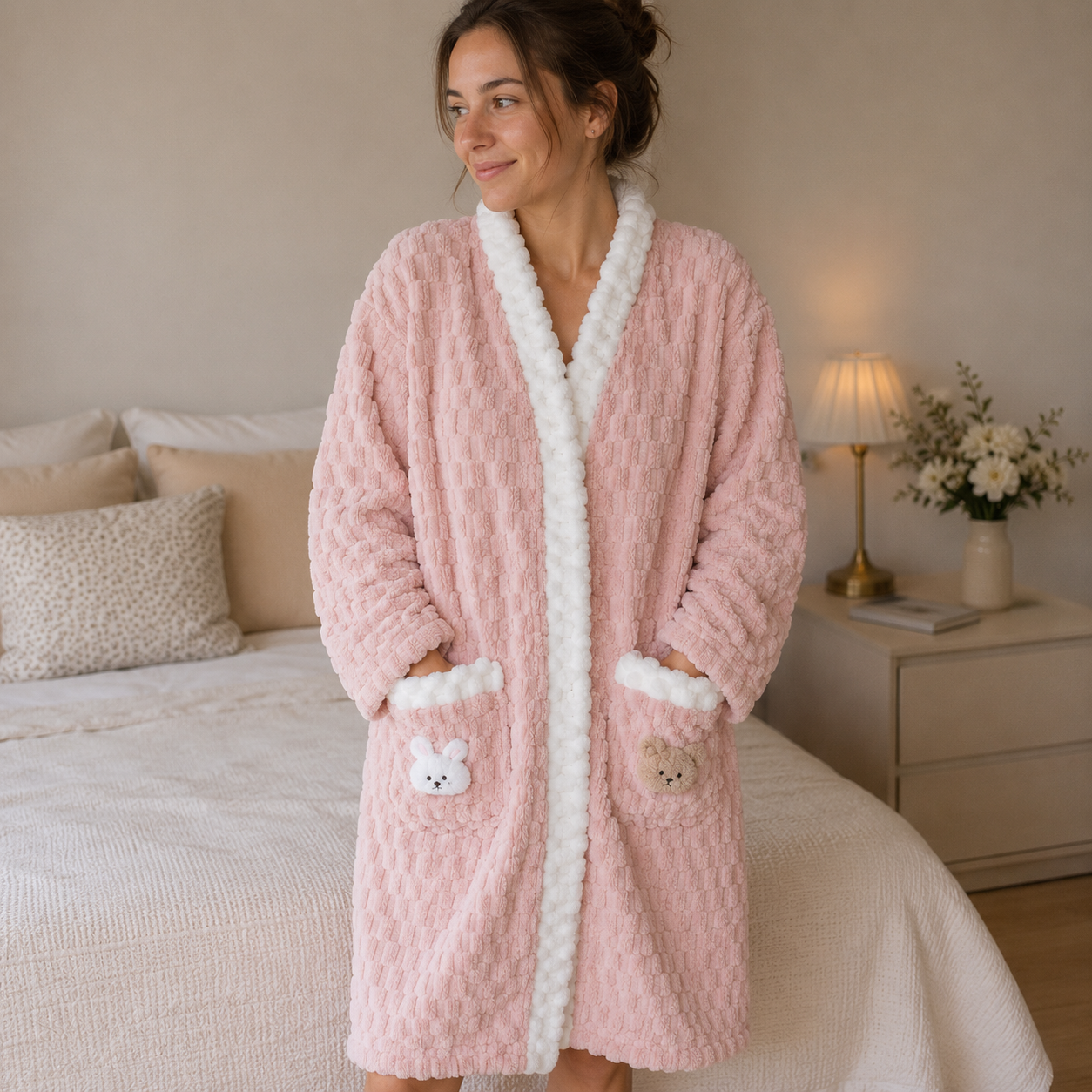 Robe de chambre en laine de pilou pilou rose pour femme