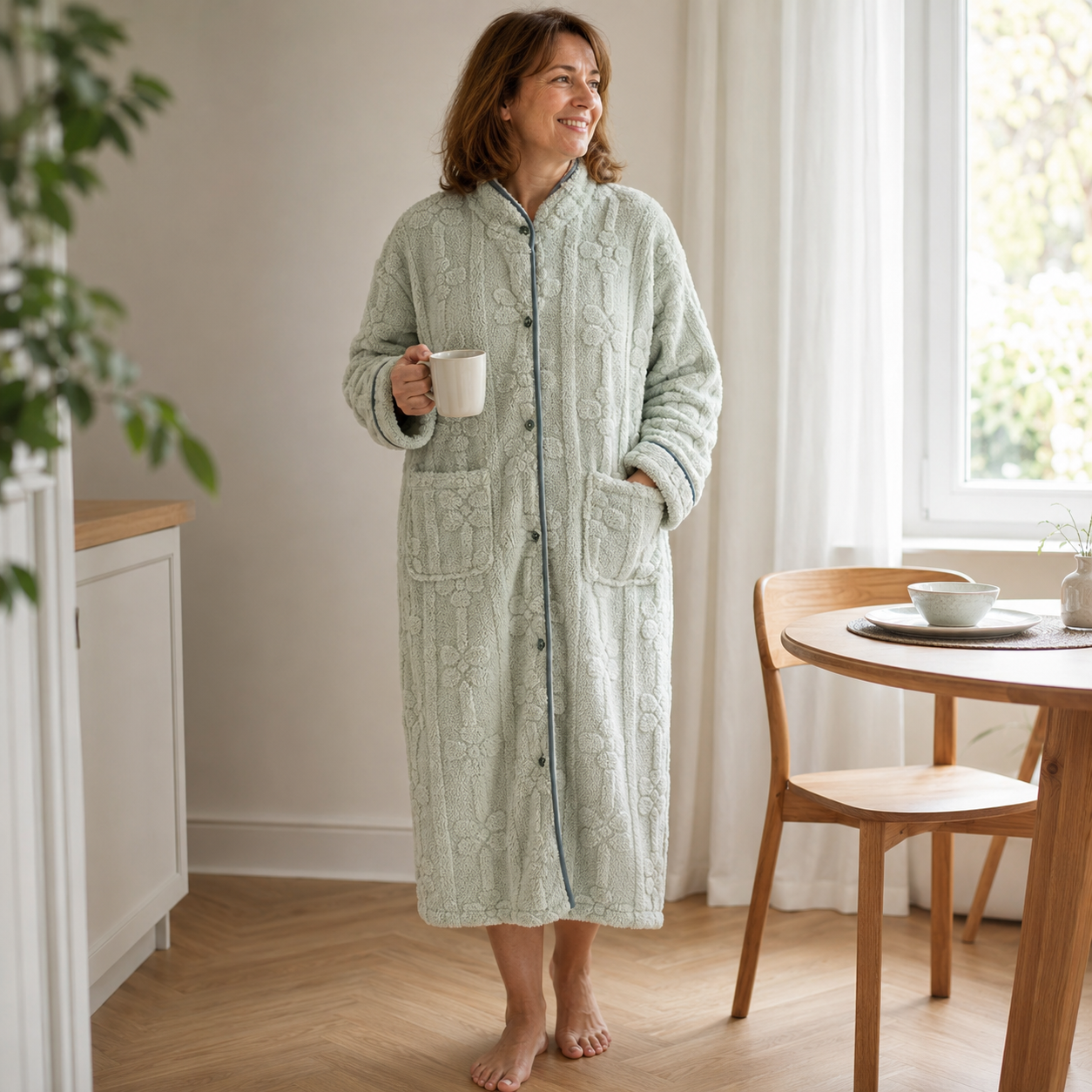 Robe de chambre femme en matière molletonnée verte