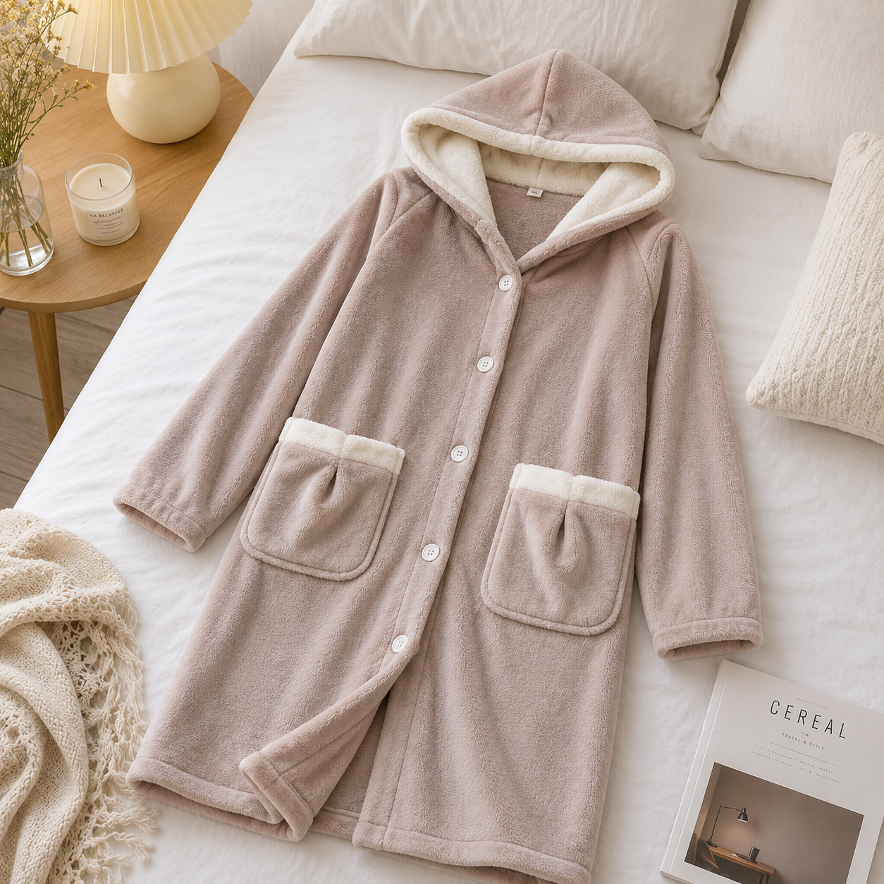 Robe de chambre femme en matière polaire rose
