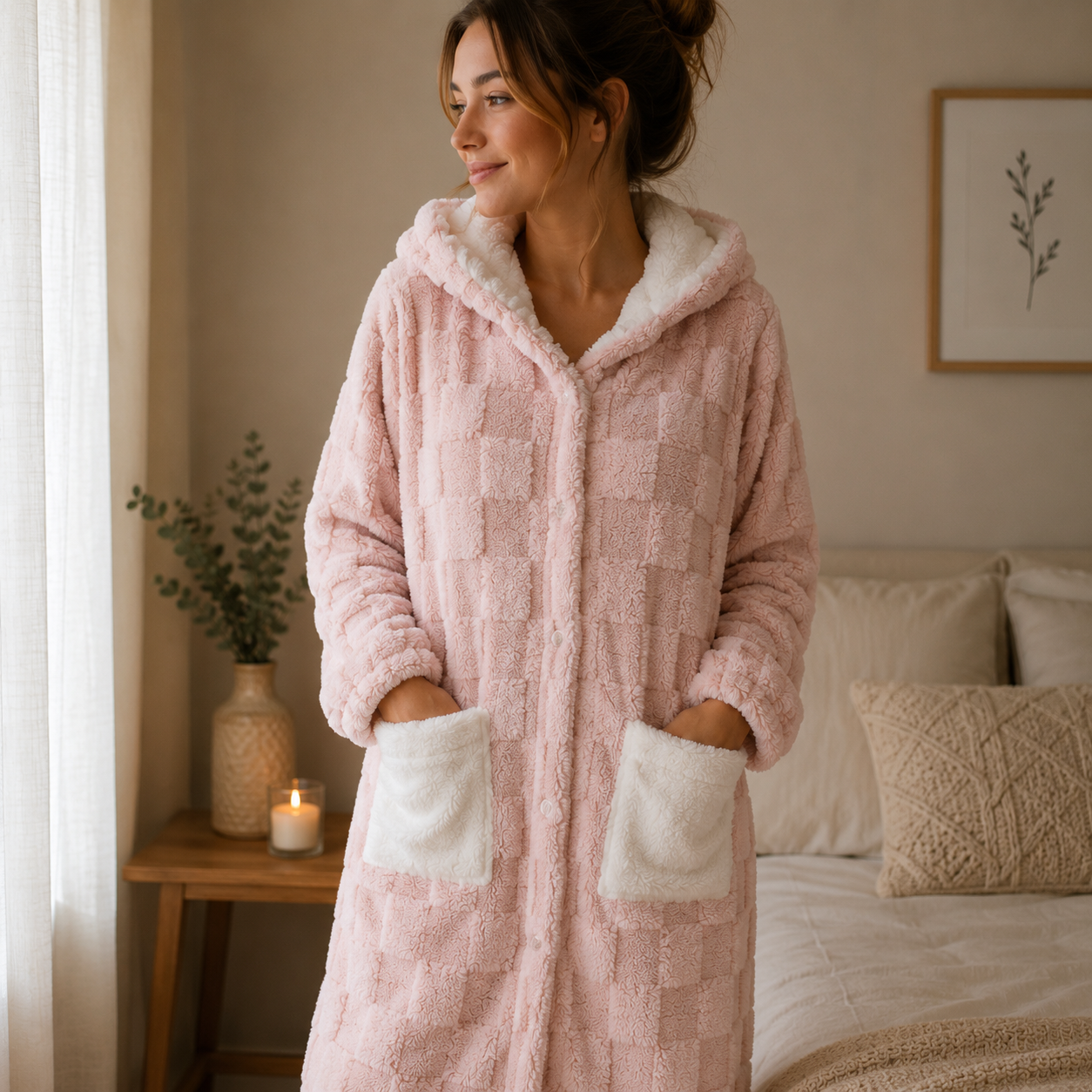 Robe de chambre femme très chaude en laine pilou pilou rose
