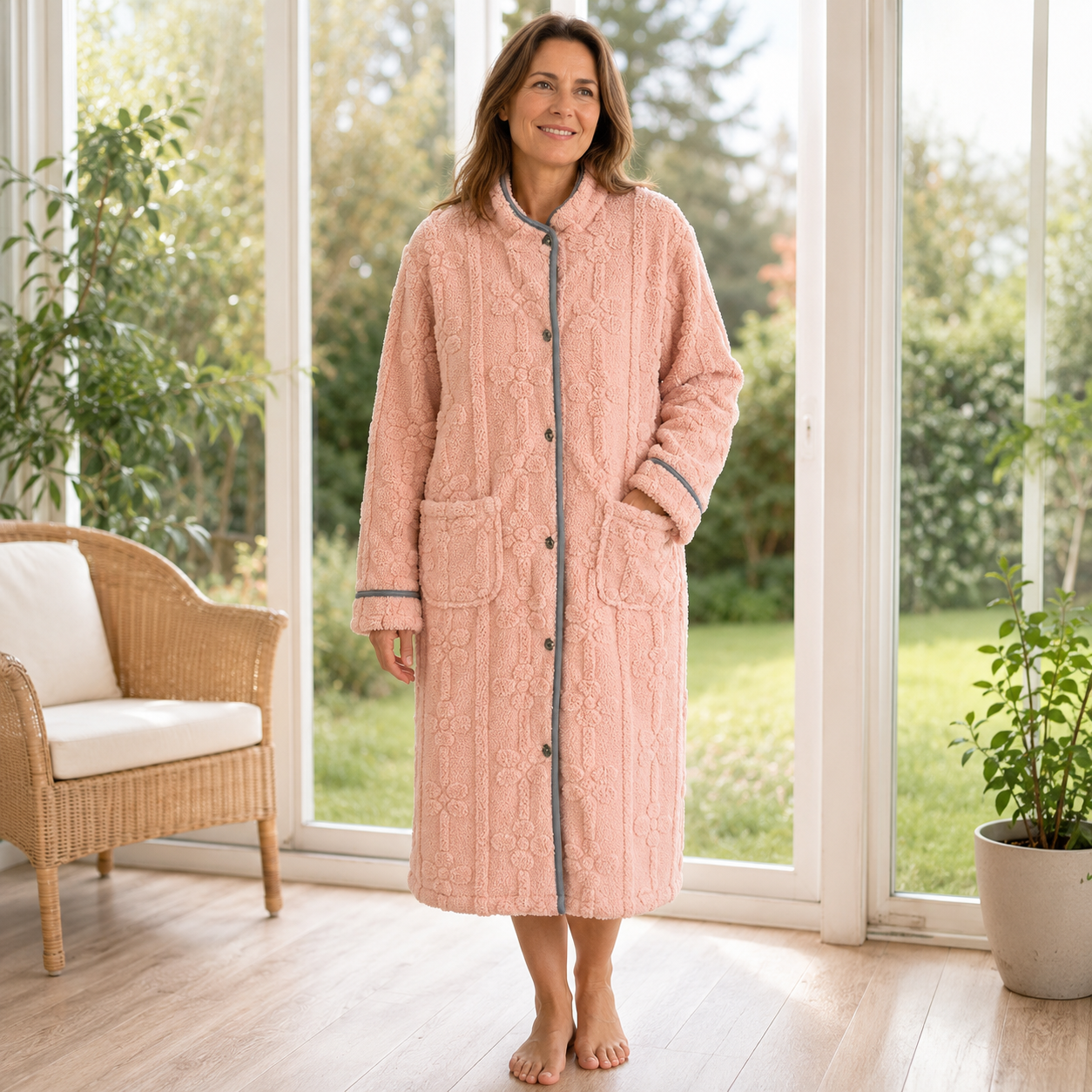 Robe de chambre longue rose femme en matière polaire
