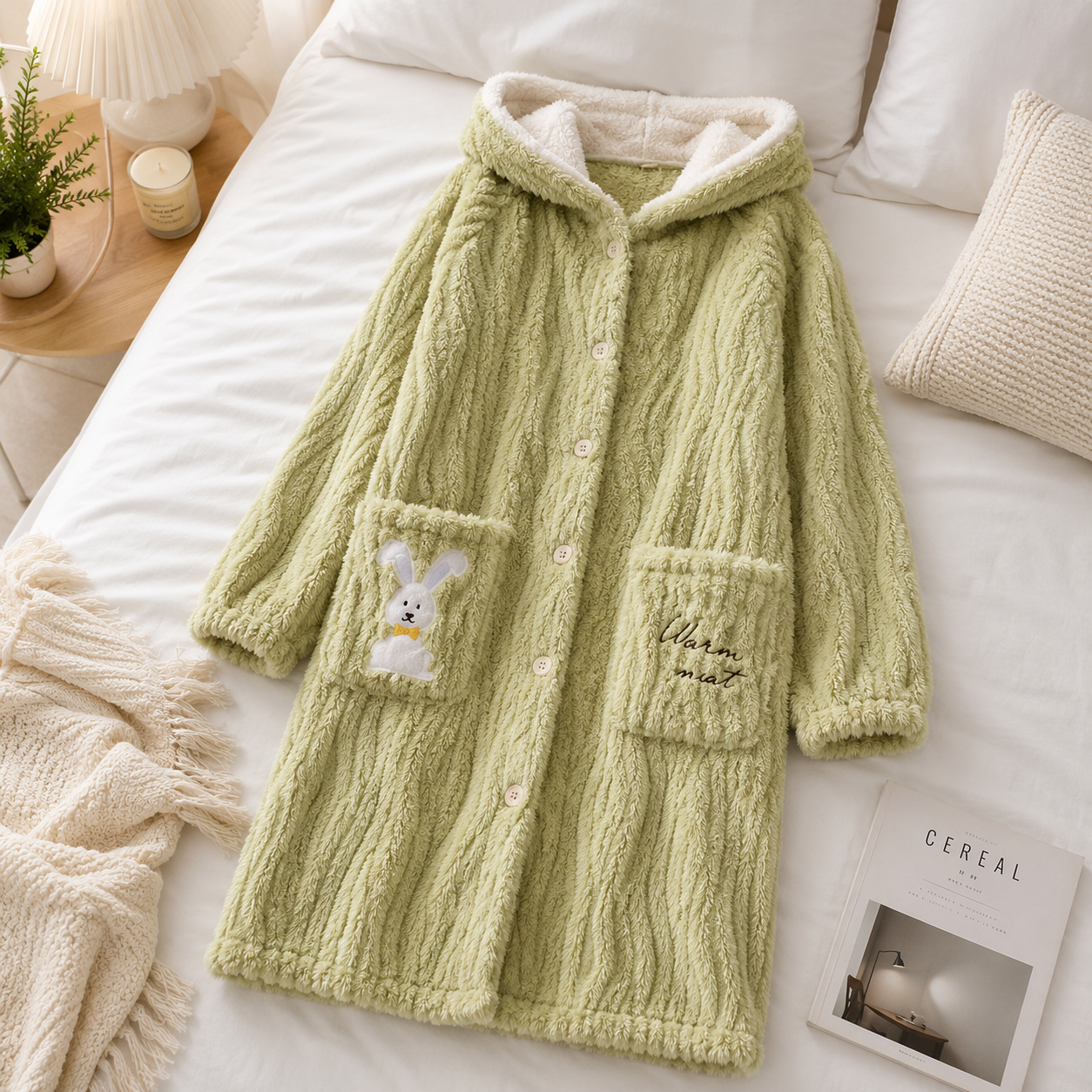 Robe de chambre verte pilou pilou femme avec capuche