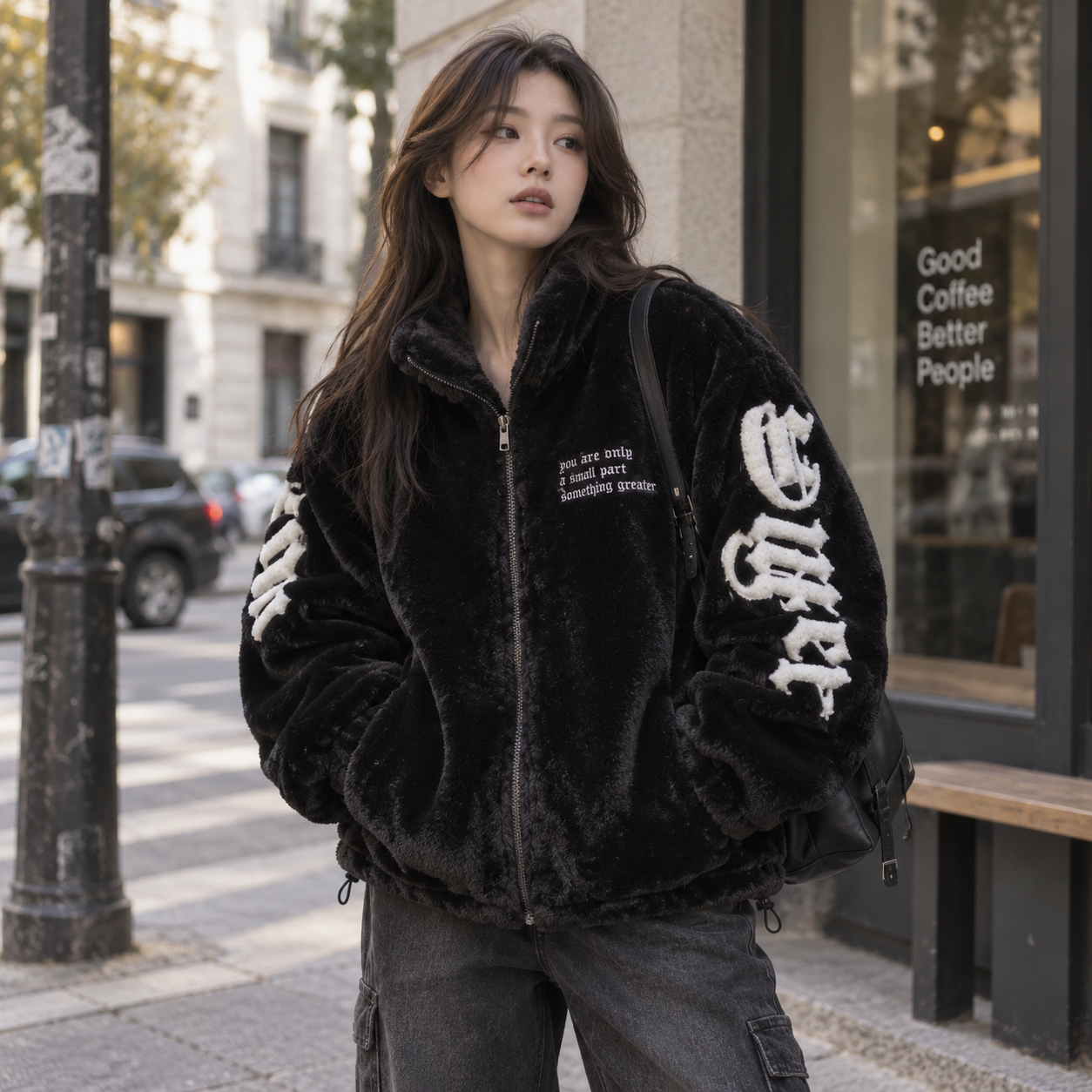 Veste pilou pilou peluche noir femme