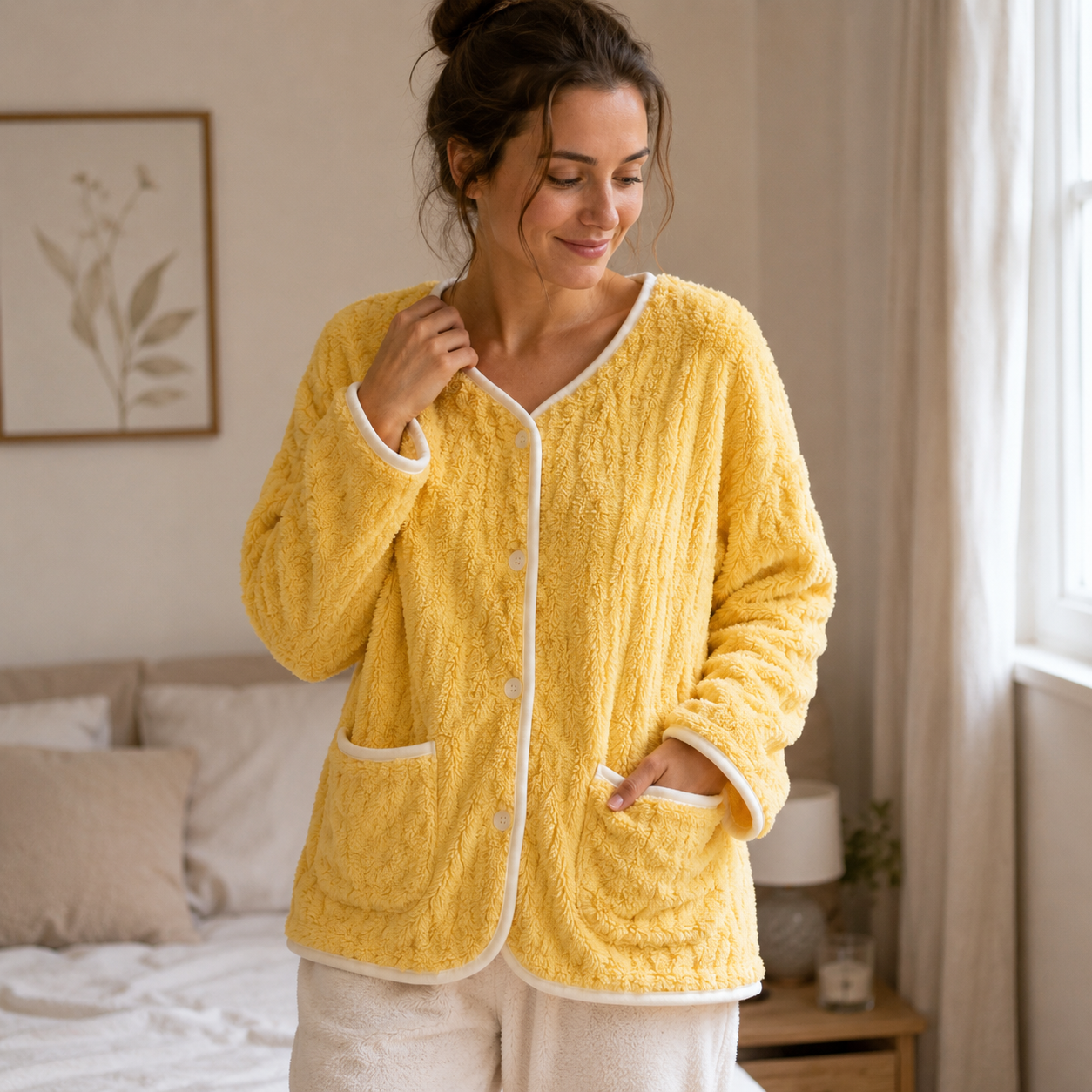 Veste polaire pyjama femme jaune ultra douce