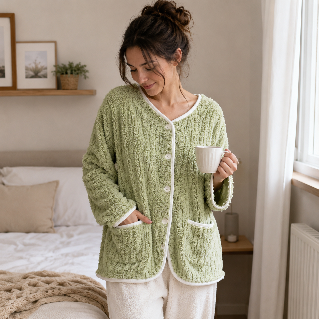 Veste pyjama pilou femme verte ultra douce