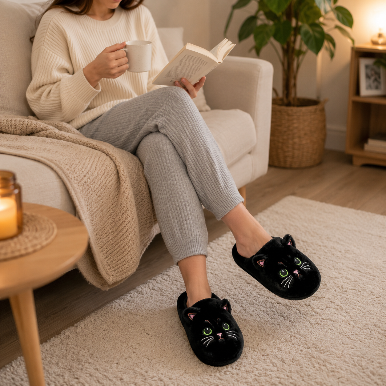 chaussons chat tout doux avec visage de chat noir brodé