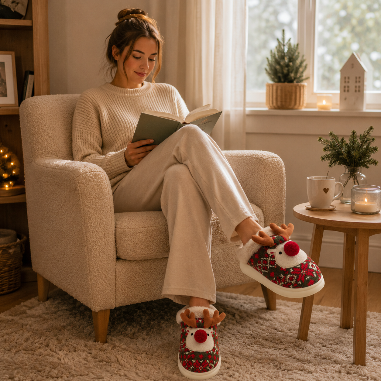 chaussons renne de Noël doublés en peluche douce