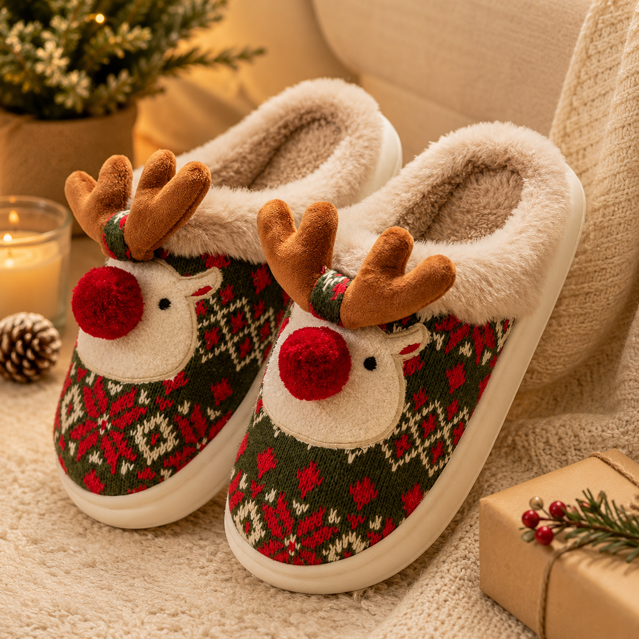 chaussons renne de Noël rouges avec pompons et bois de renne