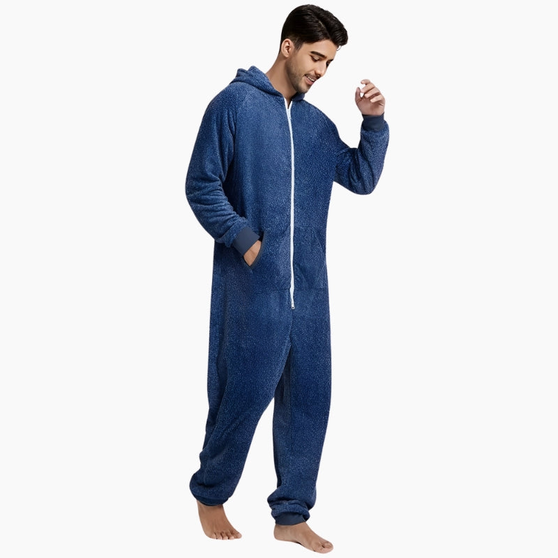 Combi plaid de couleur bleu marine en matière Pilou Pilou polaire pour homme.