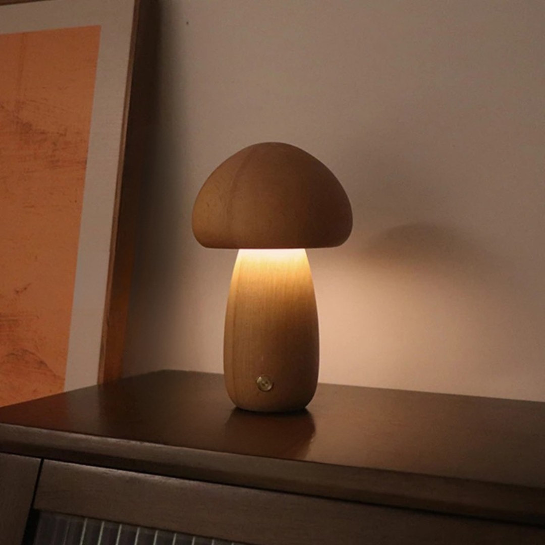 lampe de table champignon en bois avec éclairage réglable