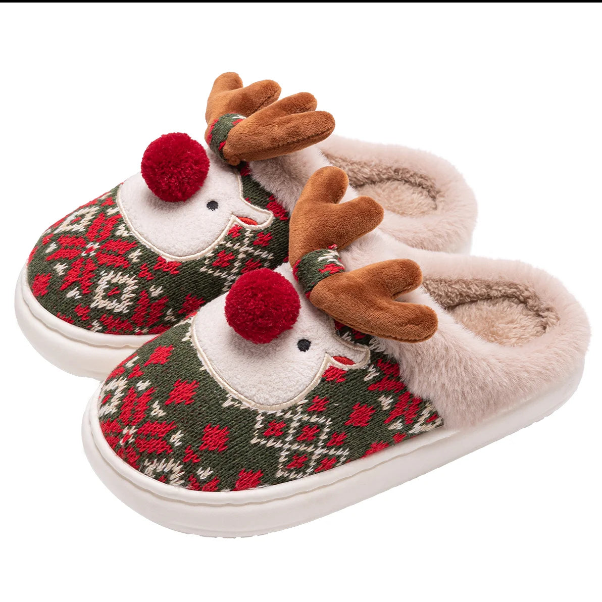 pantoufles de Noël vert avec motif festif et renne