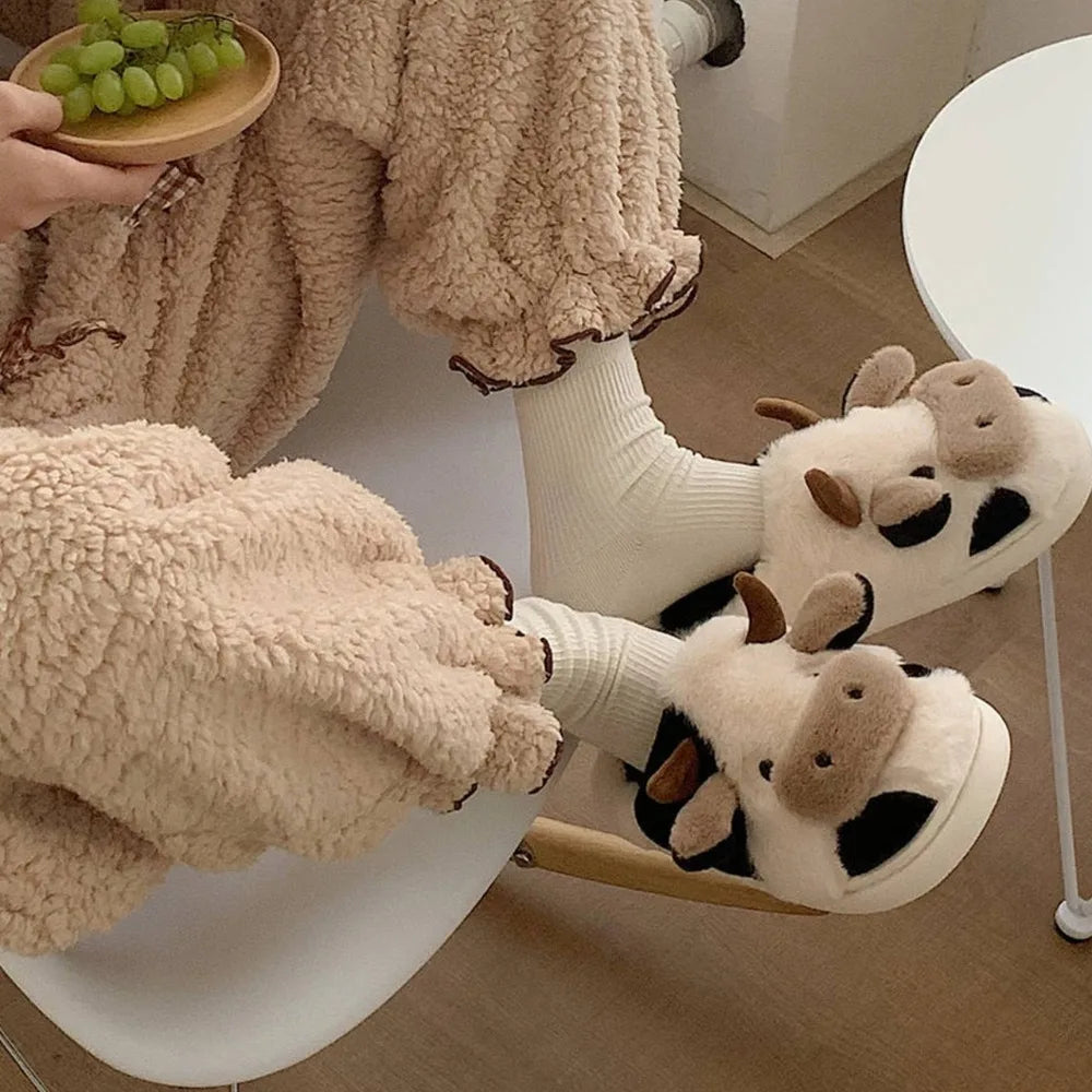 pantoufles vache en peluche chaude