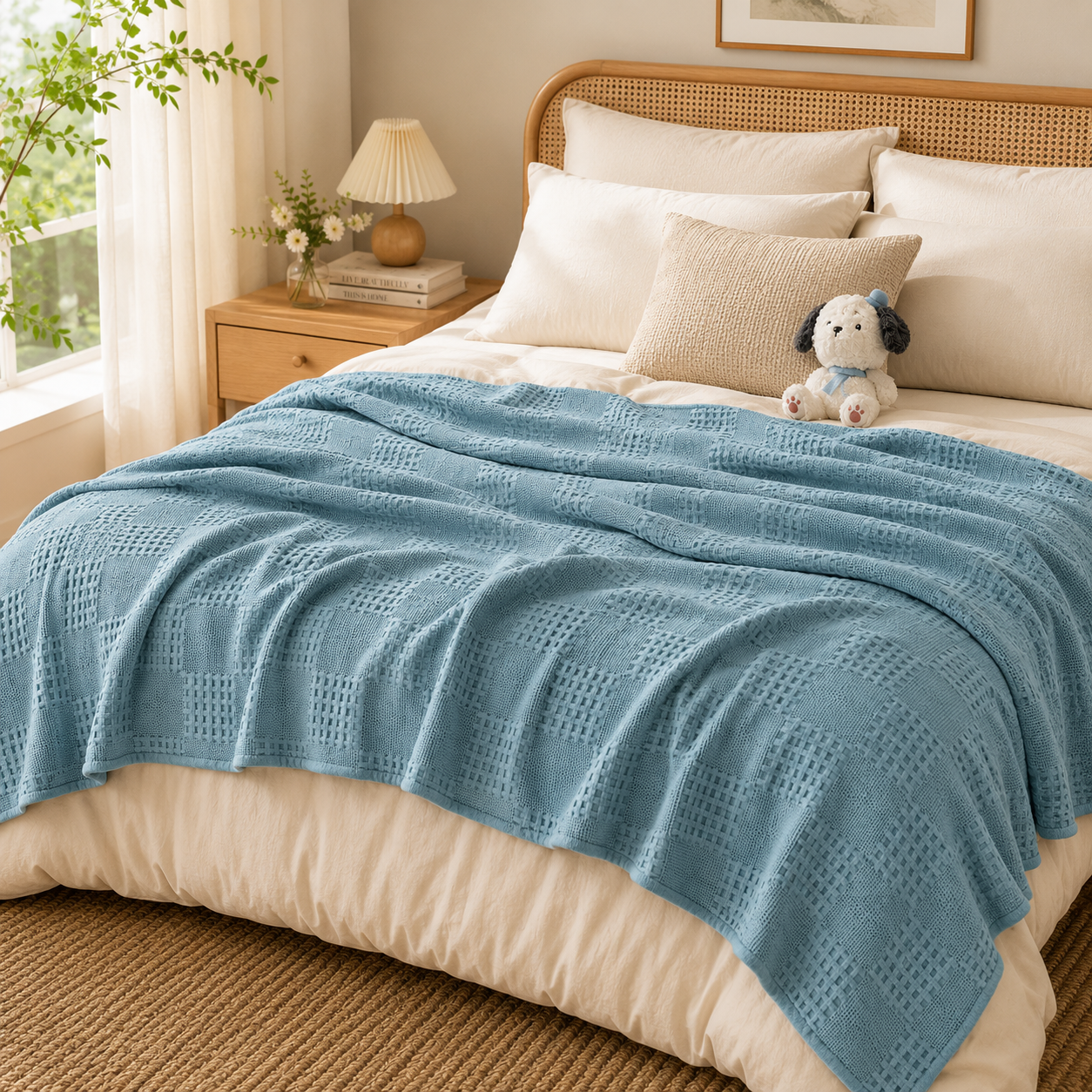 plaid cocooning estival bleu clair sur lit moderne