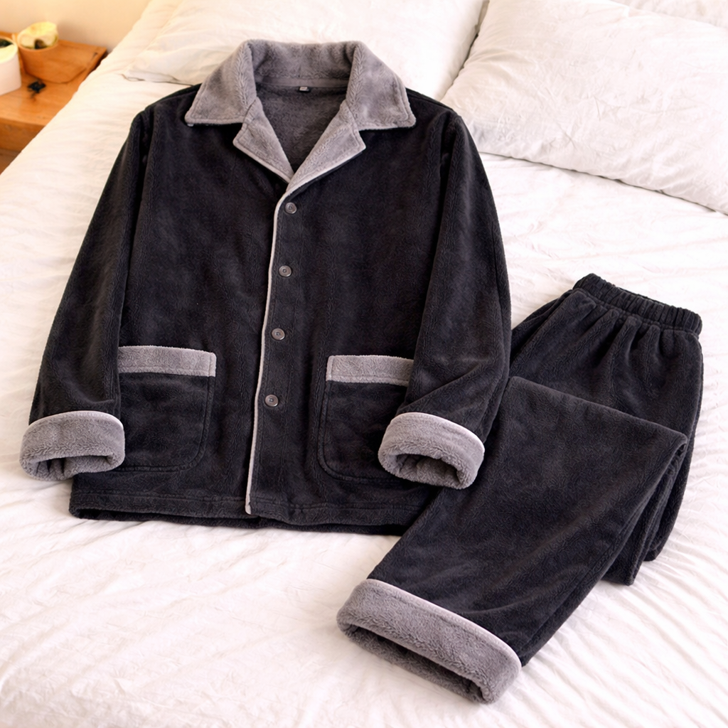 pyjama homme chaud hiver micropolaire noir et gris
