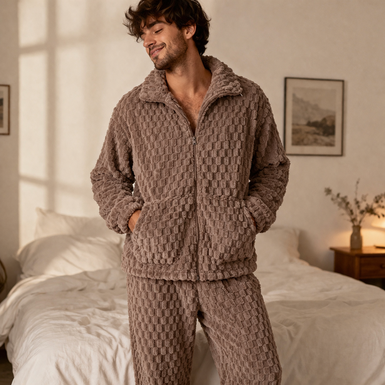 pyjama homme chaud hiver pilou marron