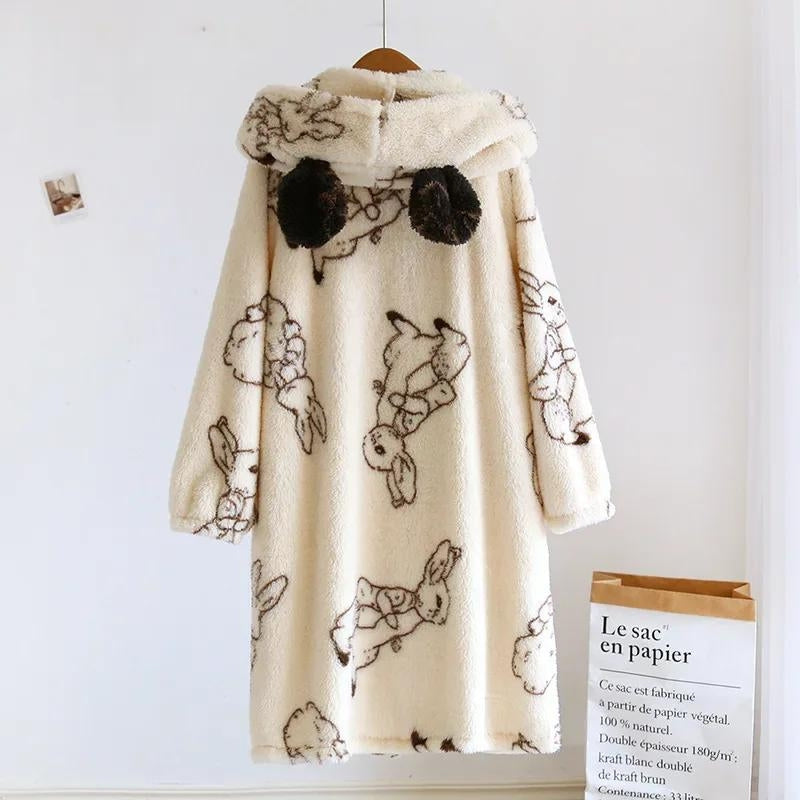 Robe de chambre originale de couleur crème à motifs en matière polaire pour femme