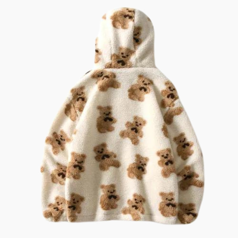 Sweat à capuche zippé de couleur crème à motifs en matière Pilou Pilou pour homme.