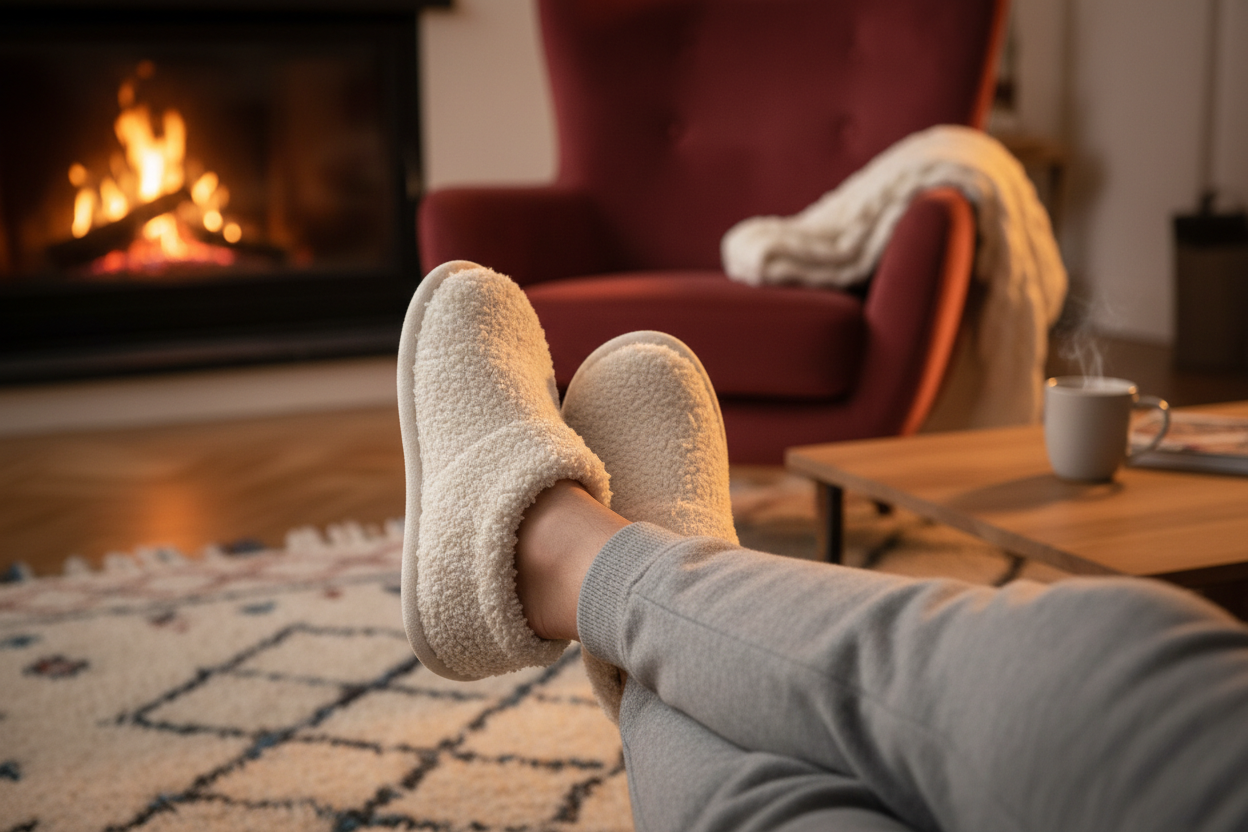 un homme avec des chaussons en pilou pilou