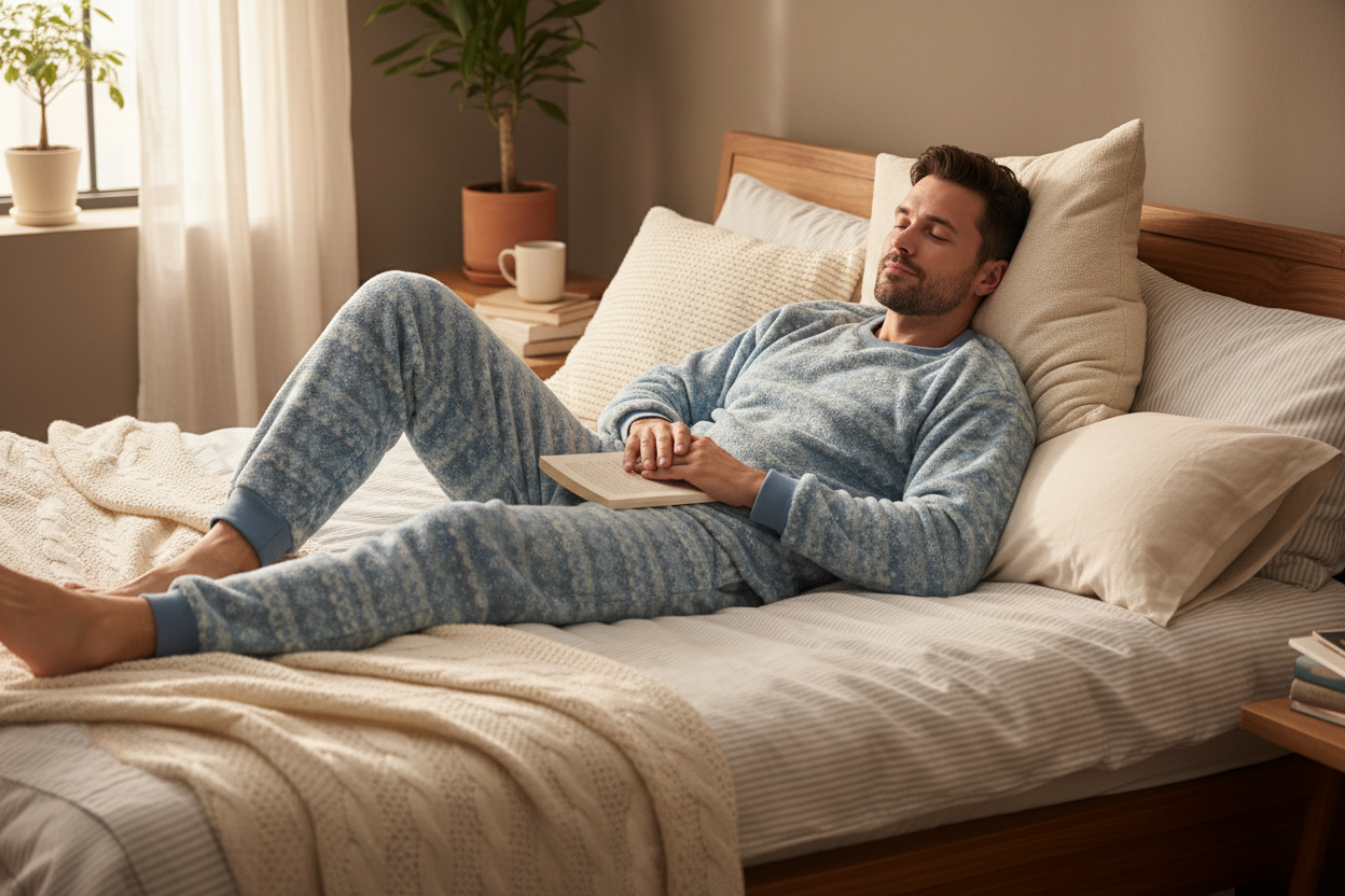 un homme dans un lit avec un pyjama en pilou pilou