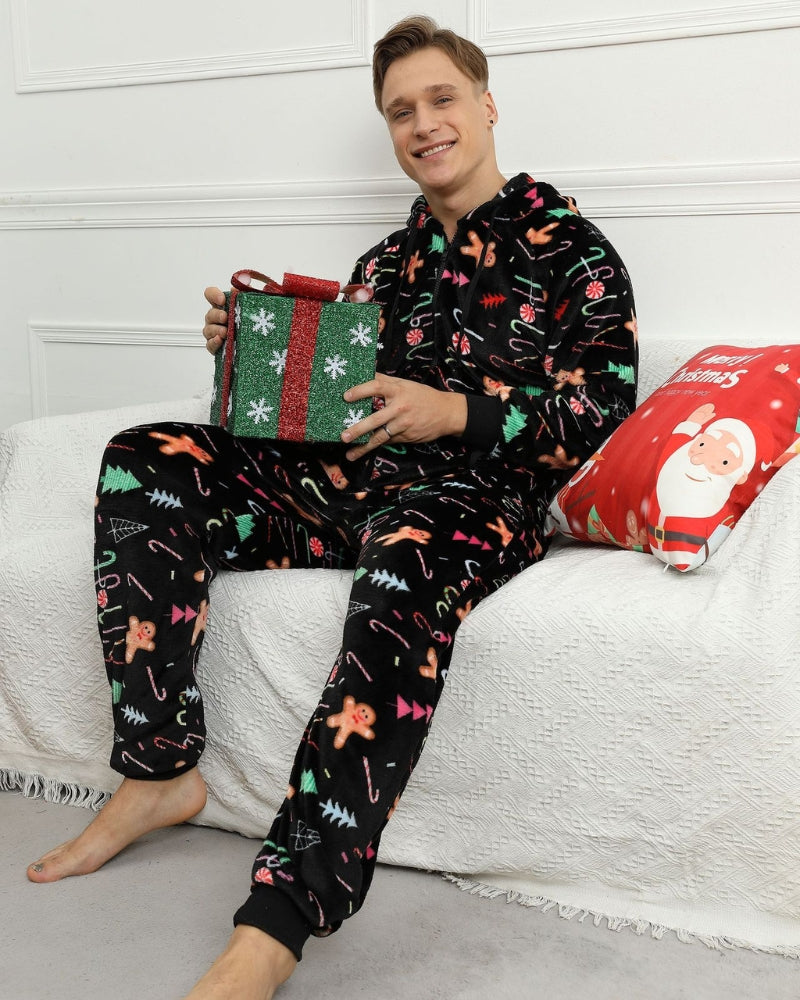 Combinaison pyjama noire à motifs pour homme en matière polaire