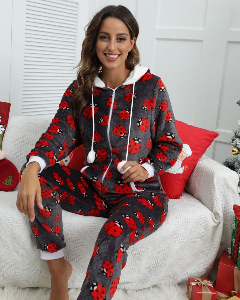 Combinaison pyjama pilou à capuche rouge femme